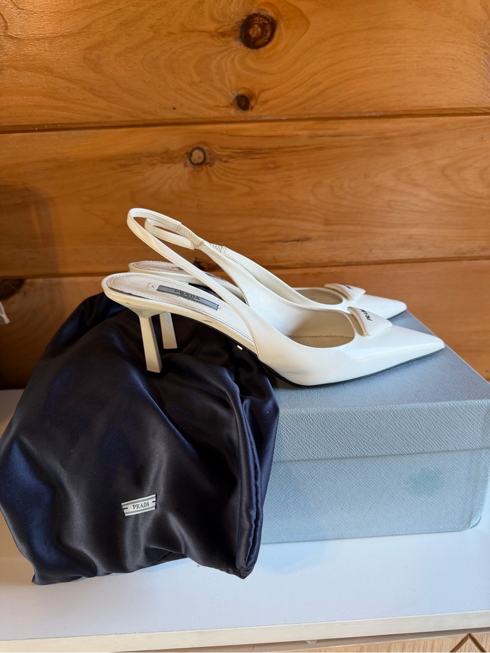 Prada White Pointed Patent Slingback Pumps - Picture 4 of 12